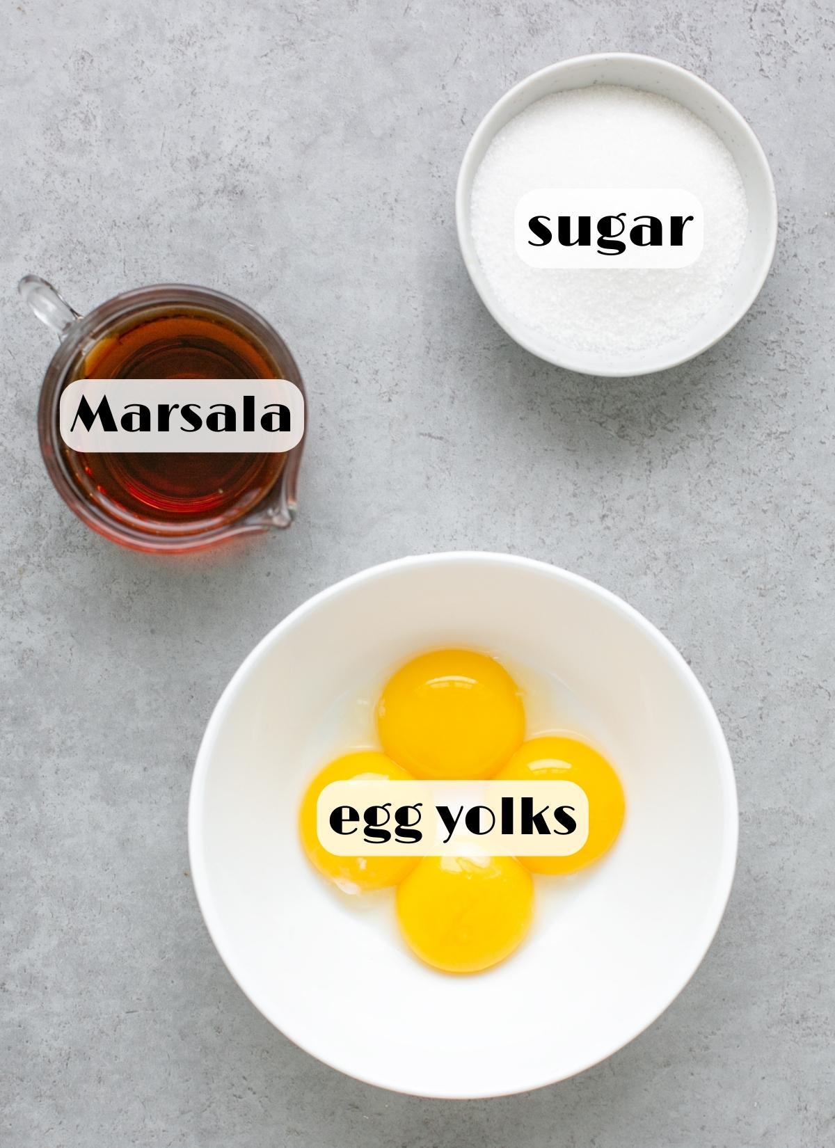 zabaglione ingredients: egg yolks, sugar, marsala wine.