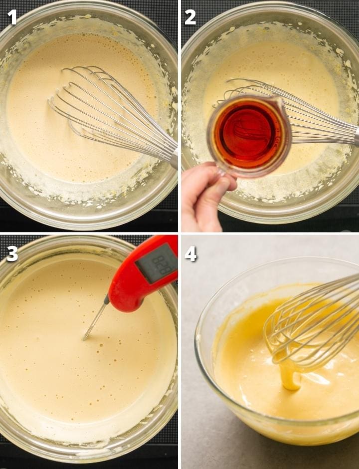 collage of four images showing the four steps to make zabaglione recipe.