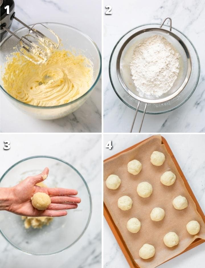 colagem de quatro imagens mostrando como fazer a receita de biscoitos anginetti.