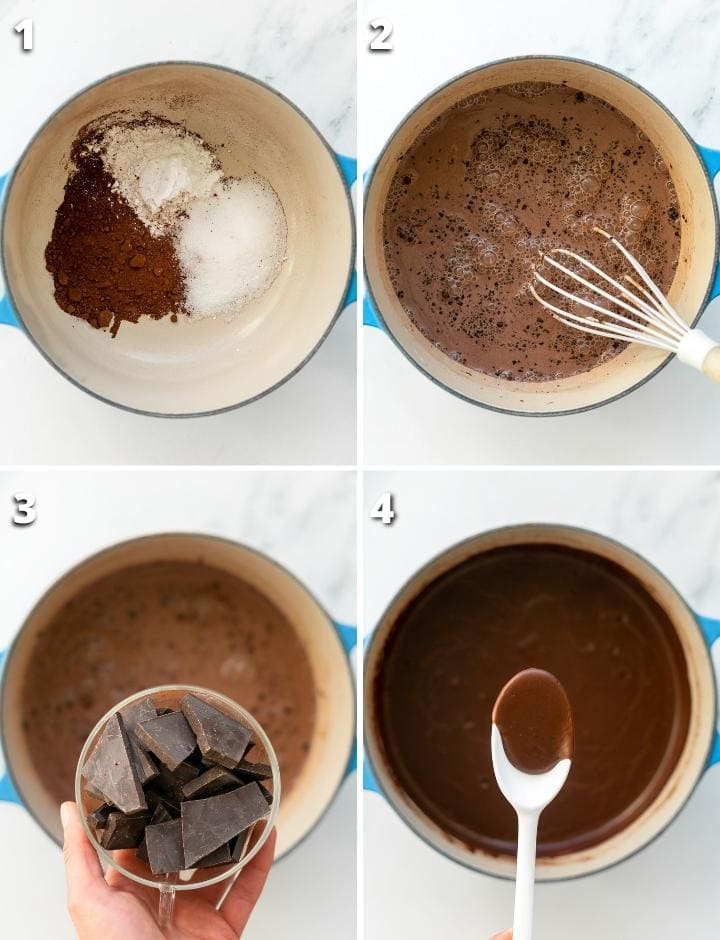 Collage of four images showing the four steps on how to make italian hot chocolate recipe.