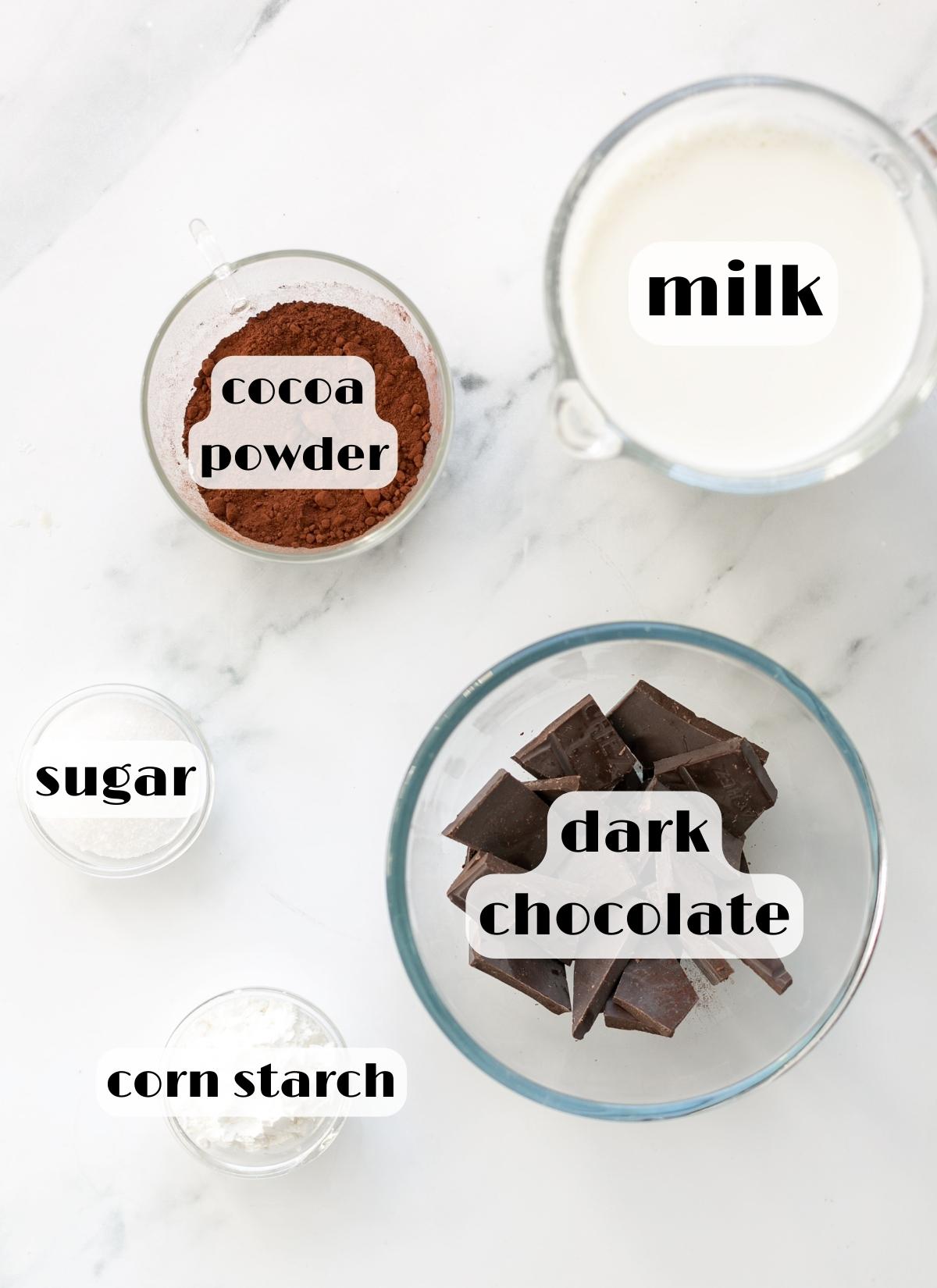 Italian hot chocolate ingredients: cocoa powder, dark chocolate, milk, corn starch, sugar.