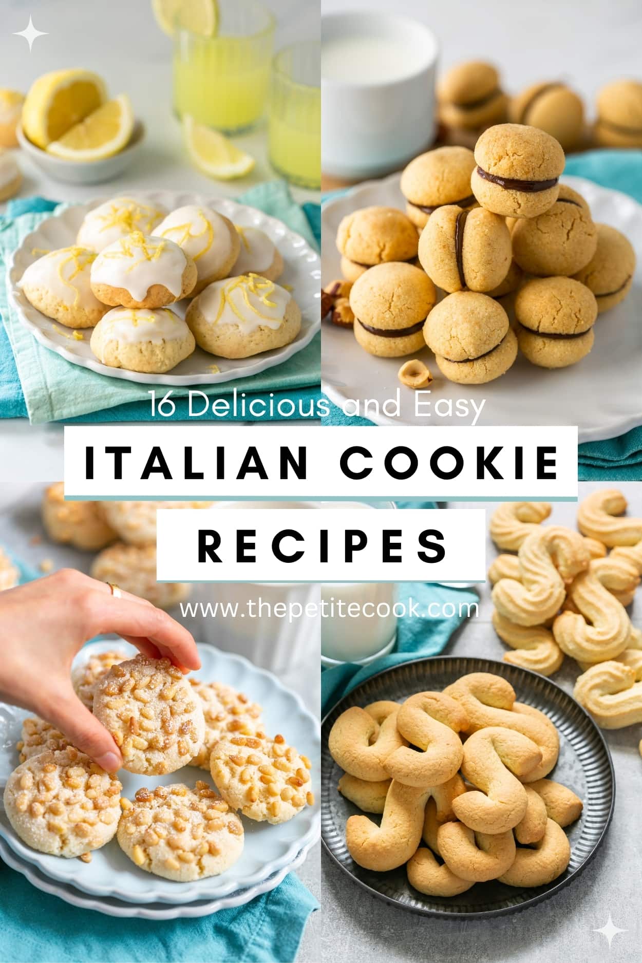 italian cookie recipes, collage of four images with text for Pinterest.