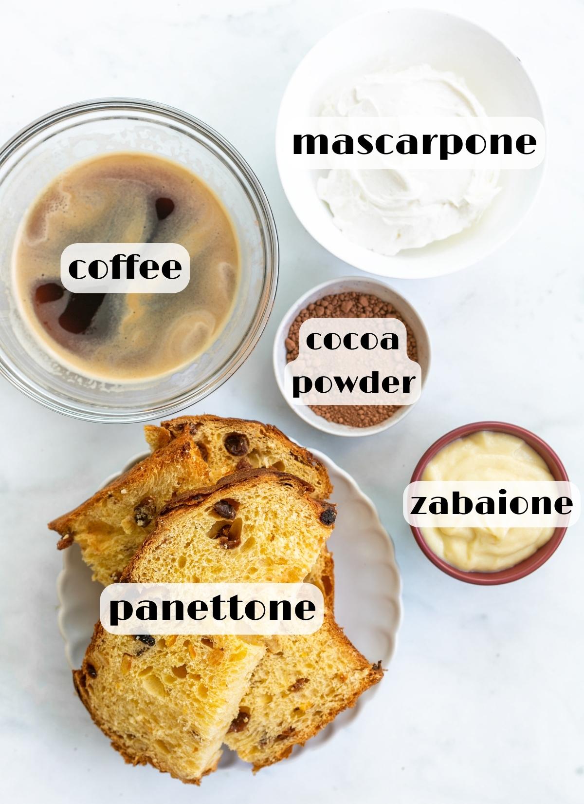 panettone tiramisu ingredients: panettone, mascarpone, coffee, zabaglione cream and cocoa powder.