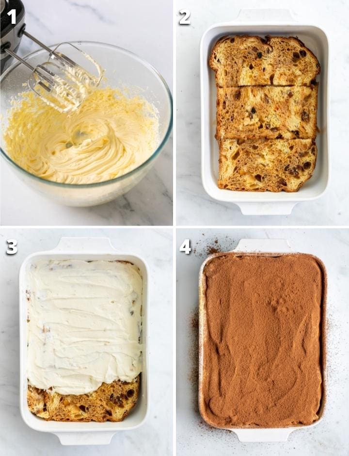 collage of four images showing the four steps to make Christmas tiramisu.