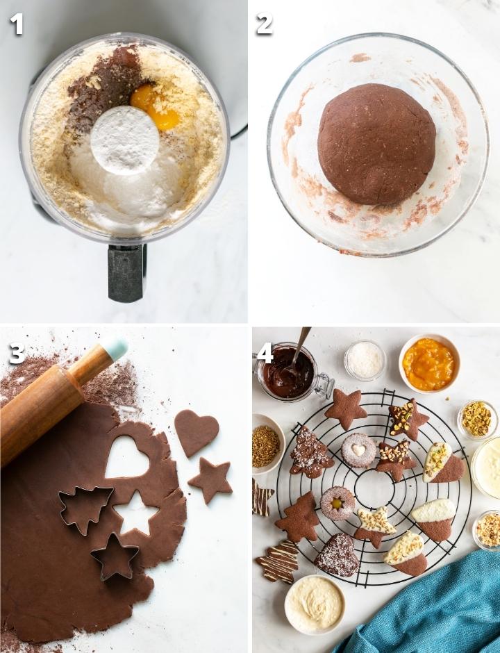 Collage of four images showing the four steps to make Italian chocolate cookies.