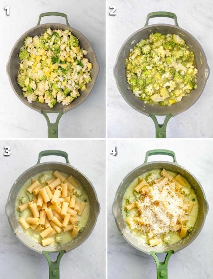 collage of four images showing the 4 steps ofhow to make romanesco pasta.