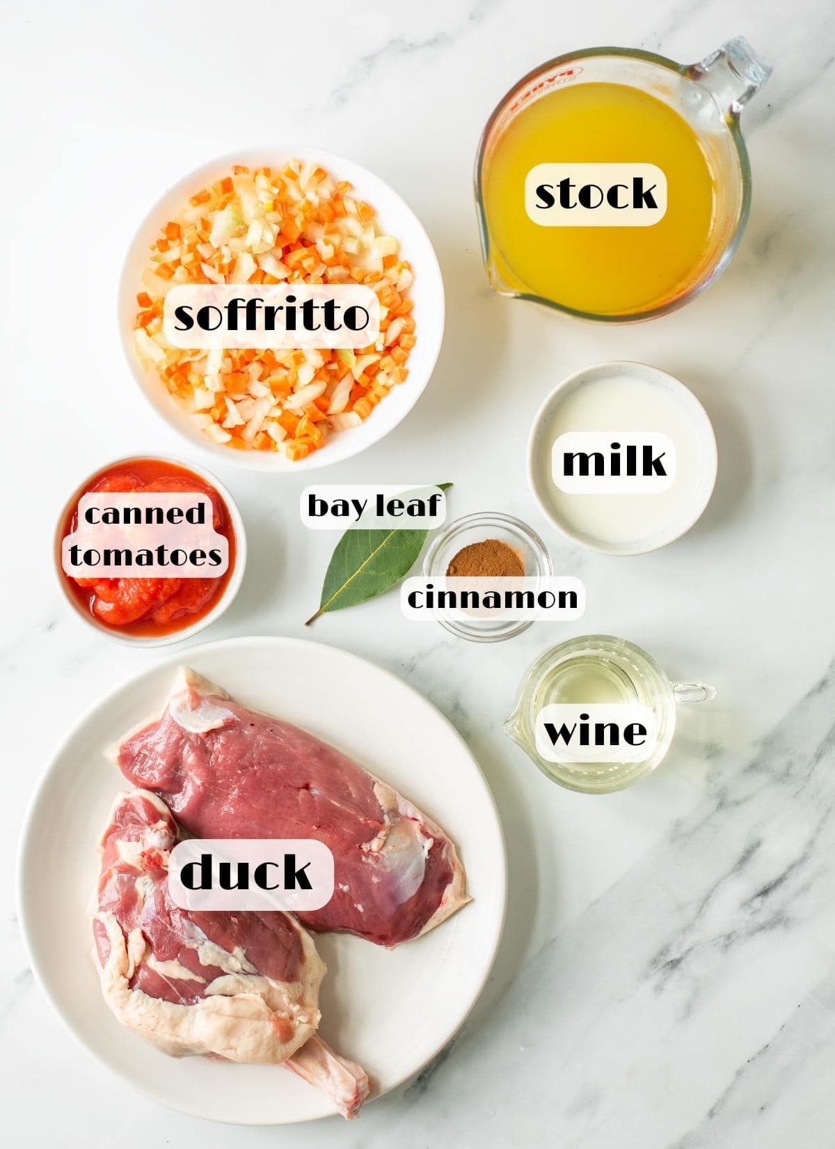 duck ragu ingredients: duck breast, carrot, celery, onion, cinnamon, bay leaf, wine, tomatoes, stock and milk.