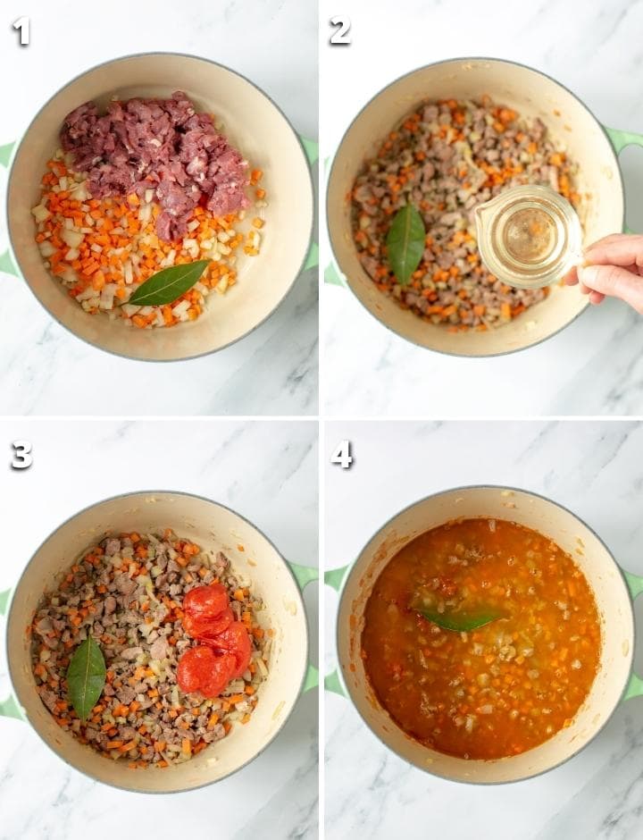 collage of four images showing the four steps to make duck ragu recipe.