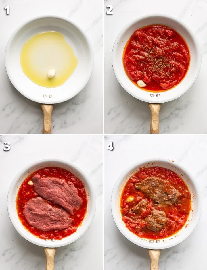 collage of four images showing the four steps on how to make steak pizzaiola.