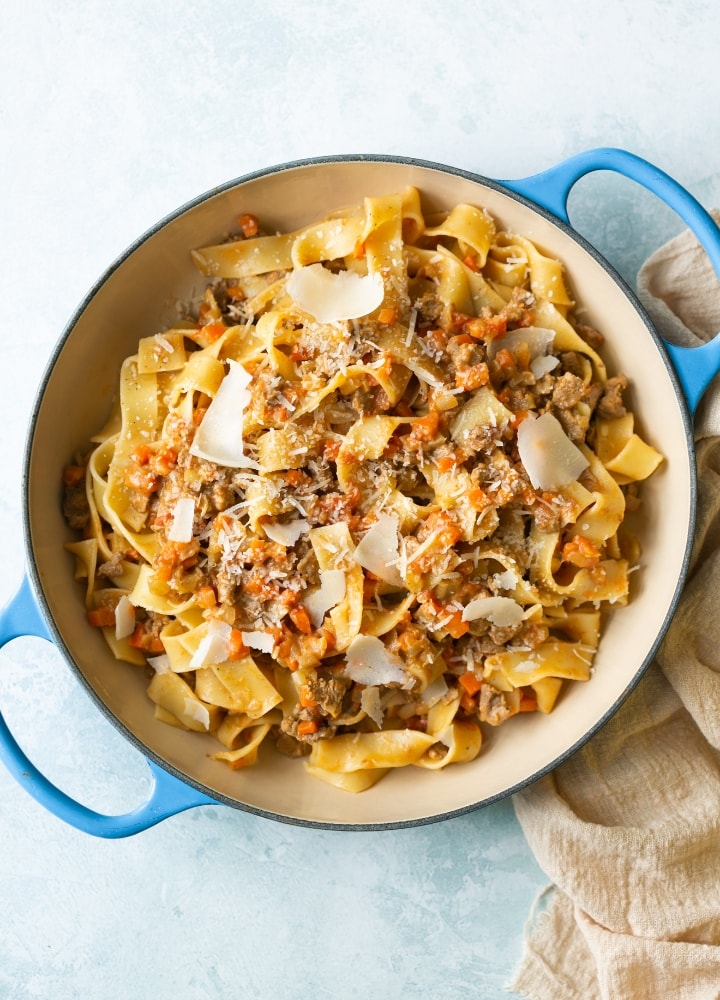 duck bolognese with pasta.