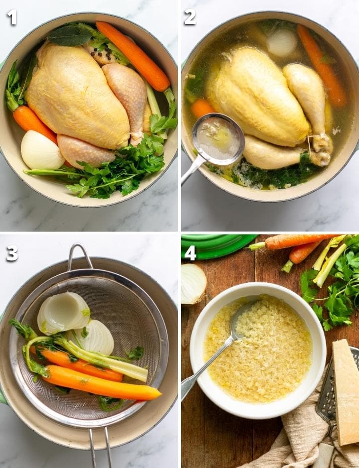 Collage of four images showing the four steps to make the italian chicken soup recipe.