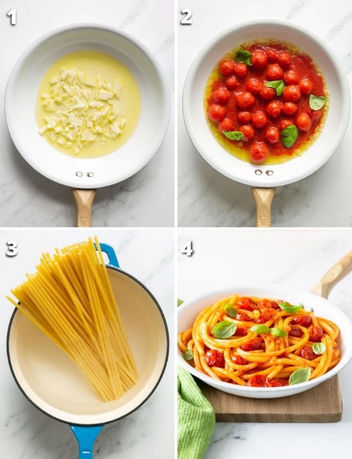 collage of four images showing the four steps on how to make bucatini pomodoro recipe.