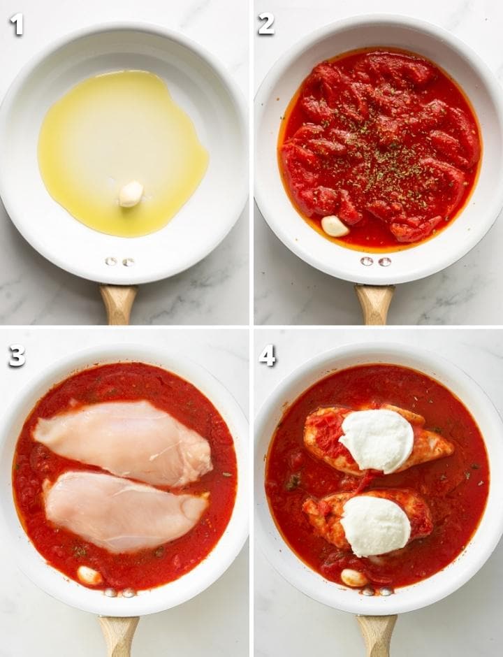 collage of four images showing the four steps on how to make chicken pizzaiola.