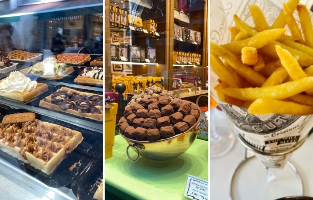 collage of three images featuring classic Belgian food: belgian waffles, chocolate truffles and frites.