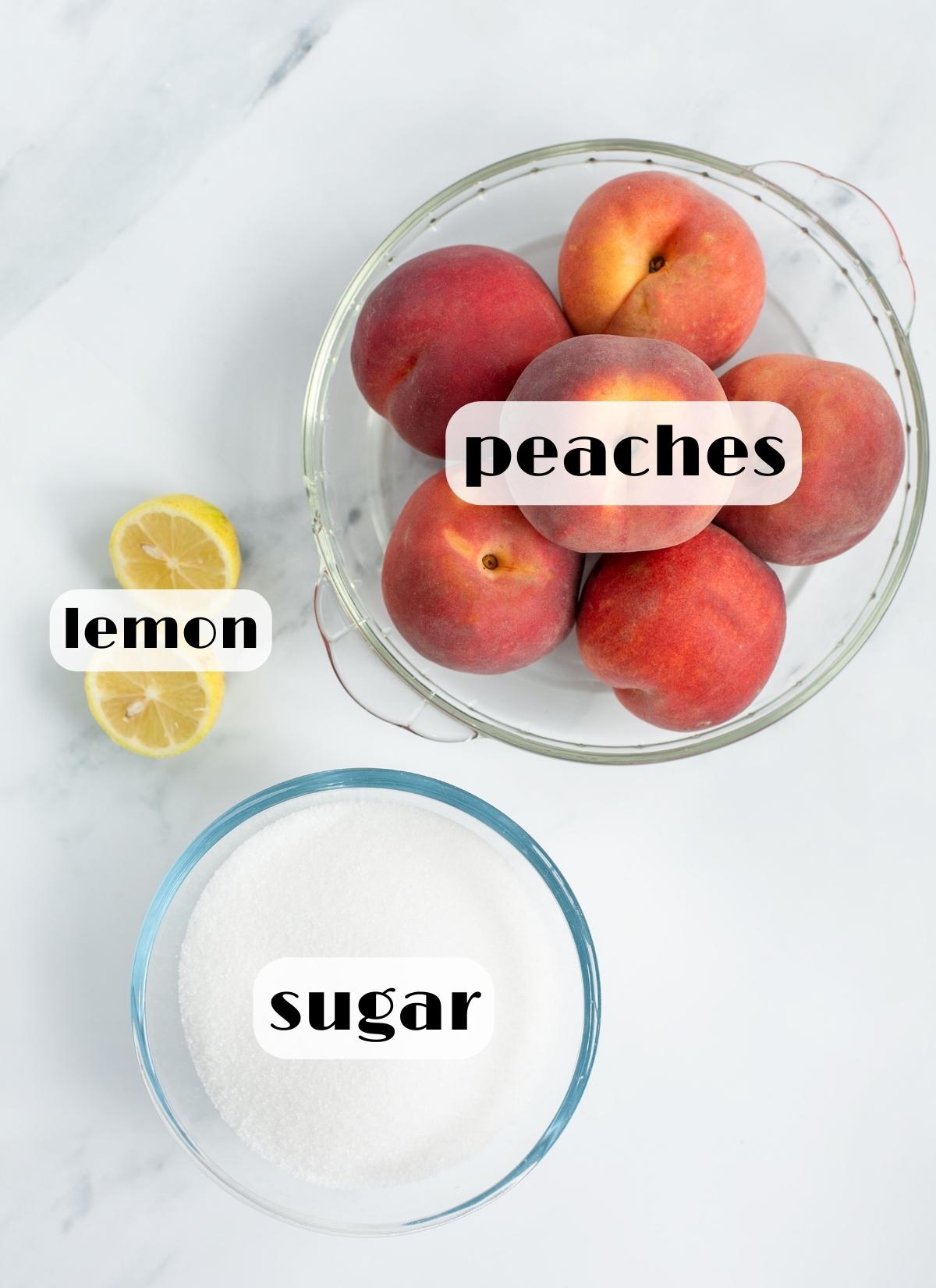 homemade peach jam ingredients: peaches, sugar, lemon.