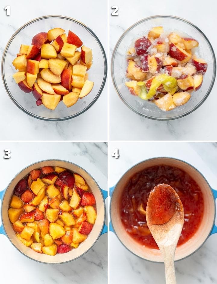 collage of four images showing the four steps on how to make peach jam without pectin.