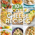 collage of 9 images showing savory and sweet ricotta cheese recipes. Image with Text for Pinterest.