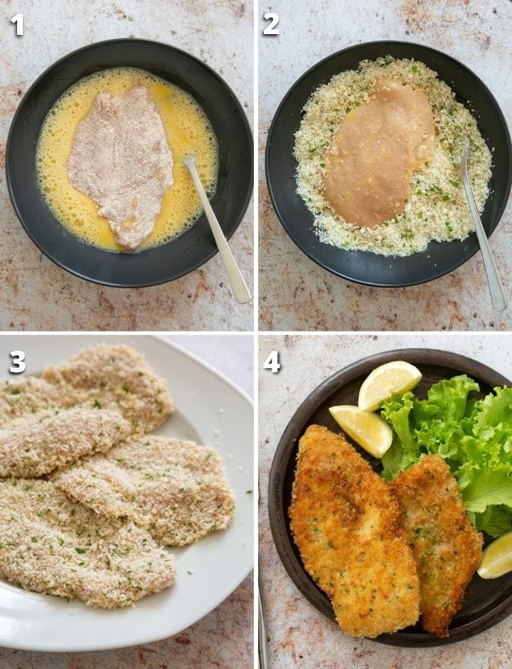 Collage of four images showing the 4 steps on how to make chicken cutlets.