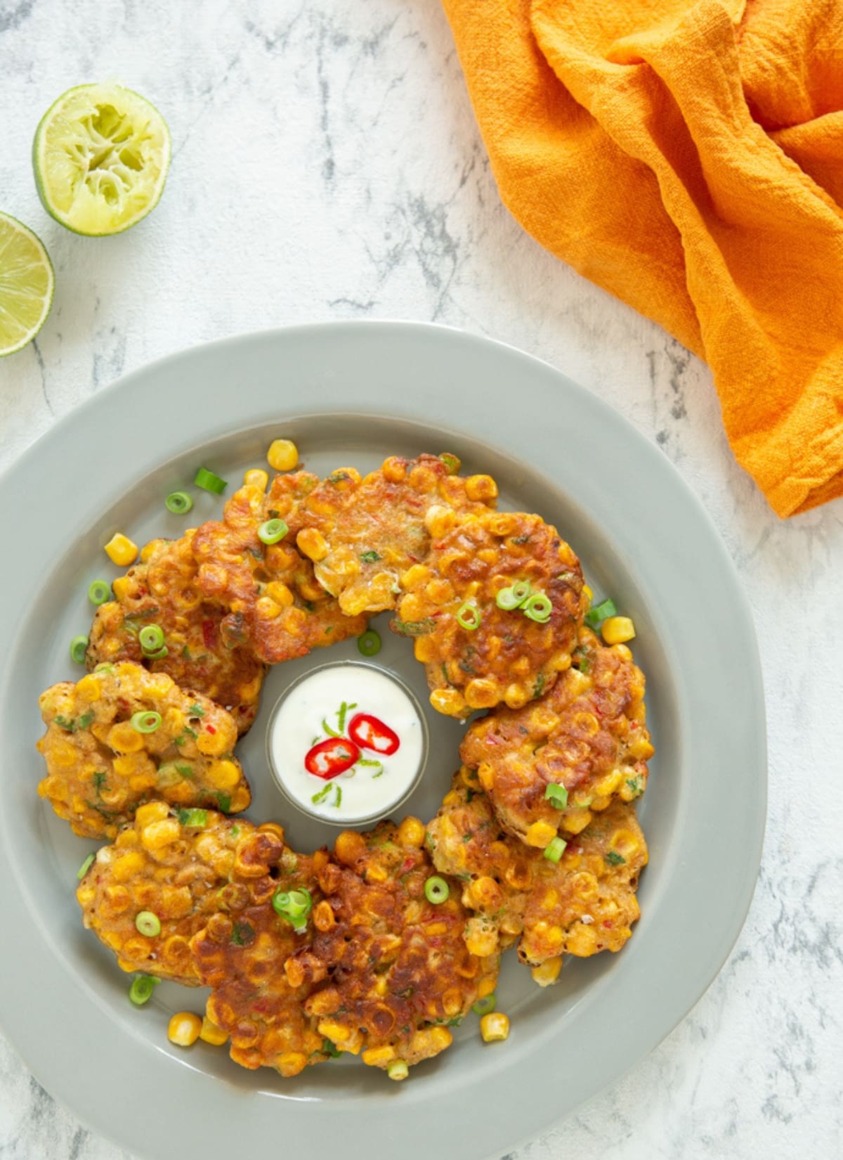 corn fritters served with yogurt dip.