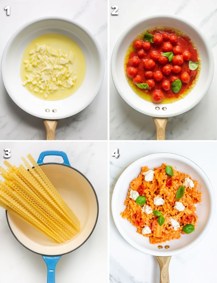 collage of four images showing the four steps to make mafaldine pasta with napoletana sauce.