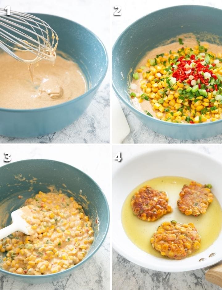 Collage of four images showing the steps on how to make sweetcorn fritters.