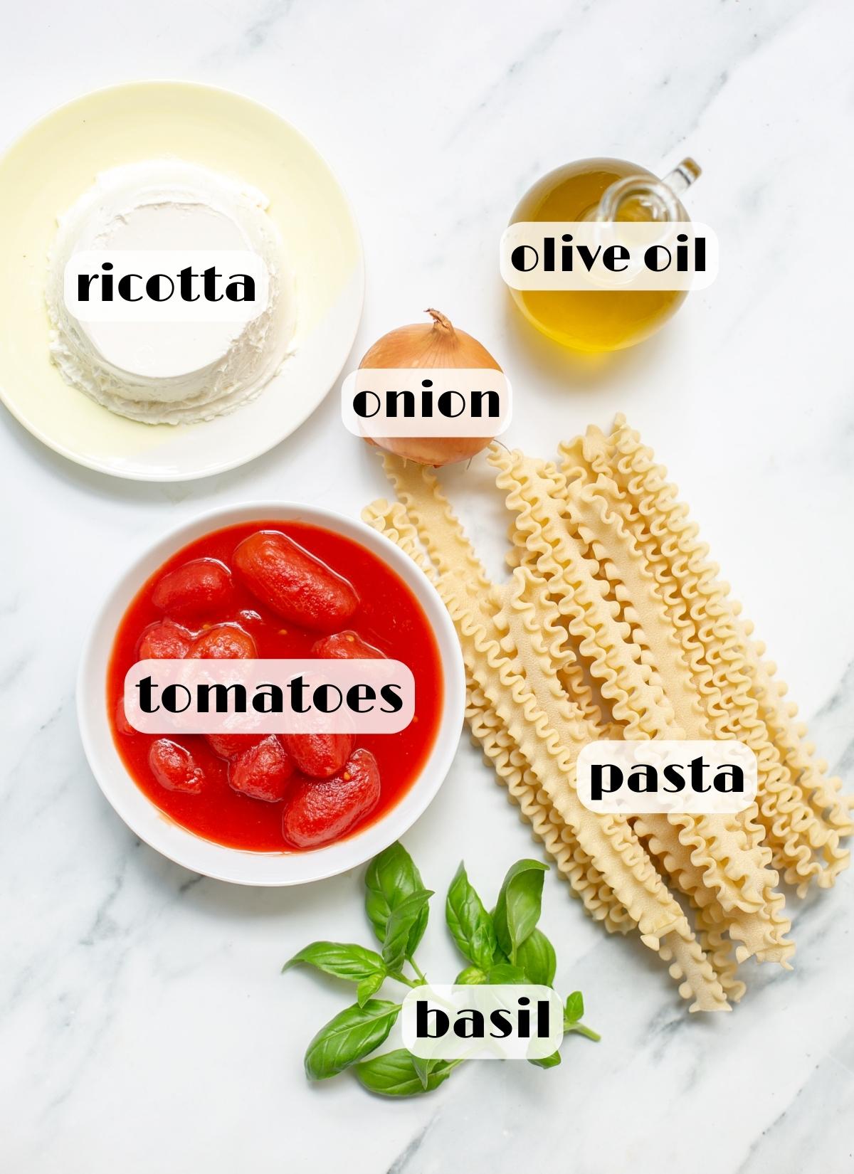 Mafaldine pasta with napoletana sauce ingredients: canned tomatoes, mafalda pasta, basil, onion, ricotta cheese and olive oil.