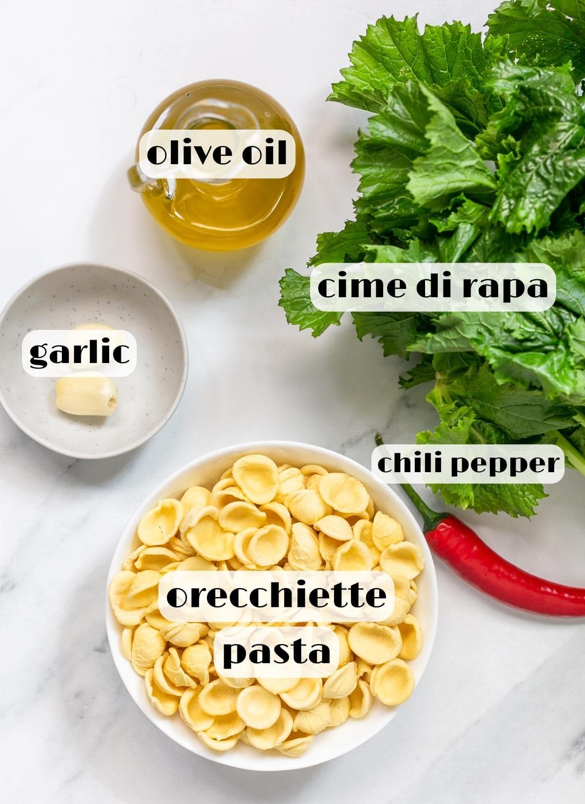 cime di rapa orecchiette recipe ingredients: orecchiette pasta, cime di rapa (broccoli rabe), olive oil, garlic, red chili pepper.