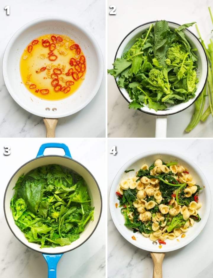 collage of four images showing the step-by-step recipe on how to make cime di rapa orecchiette.