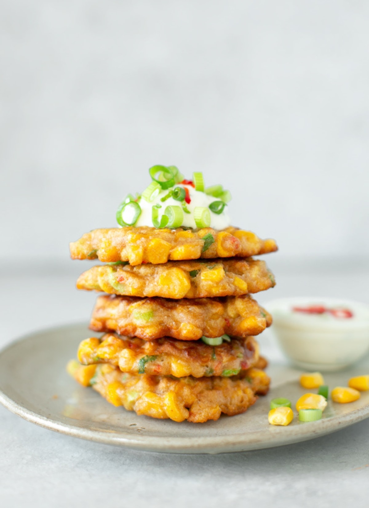 sweetcorn fritters with yogurt dip.