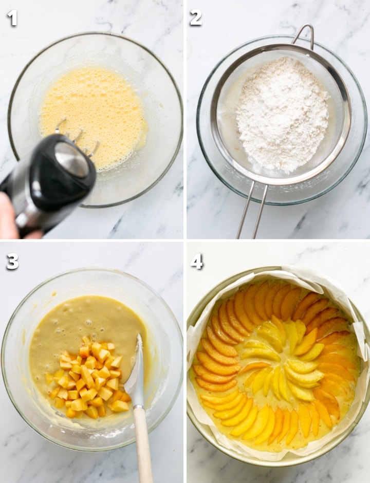 collage of four images showing how to make peach cake recipe.