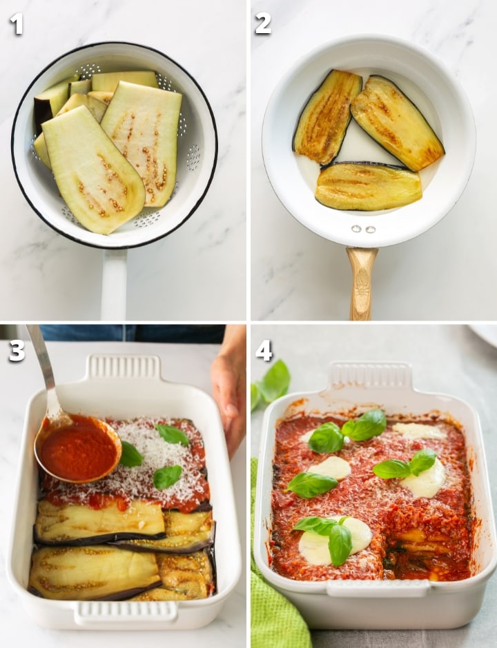 collage of four images showing the four steps to make the parmigiana di melanzane recipe.
