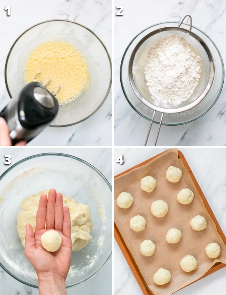 collage of four images showing the four steps on how to make limoncello cookies recipe.