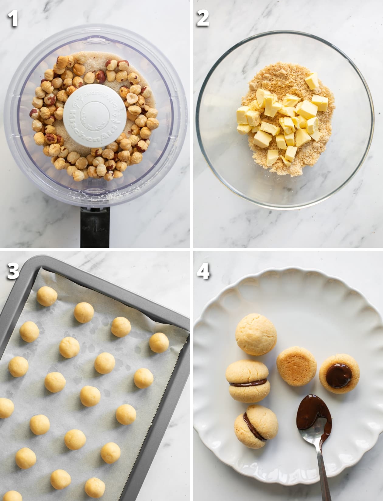Collage of four images showing the four steps on how to make hazelnut cookies.