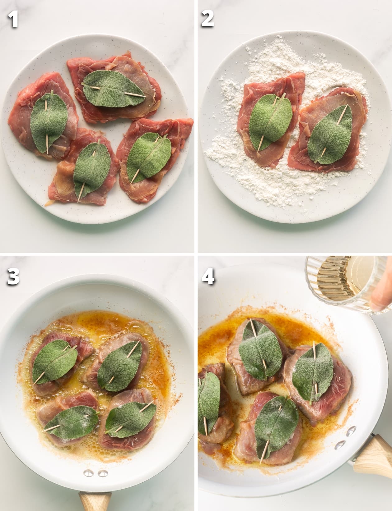 Colalge of four images showing the 4 steps on how to make veal saltimbocca recipe.