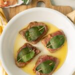 veal saltimbocca. Image with text for Pinterest.