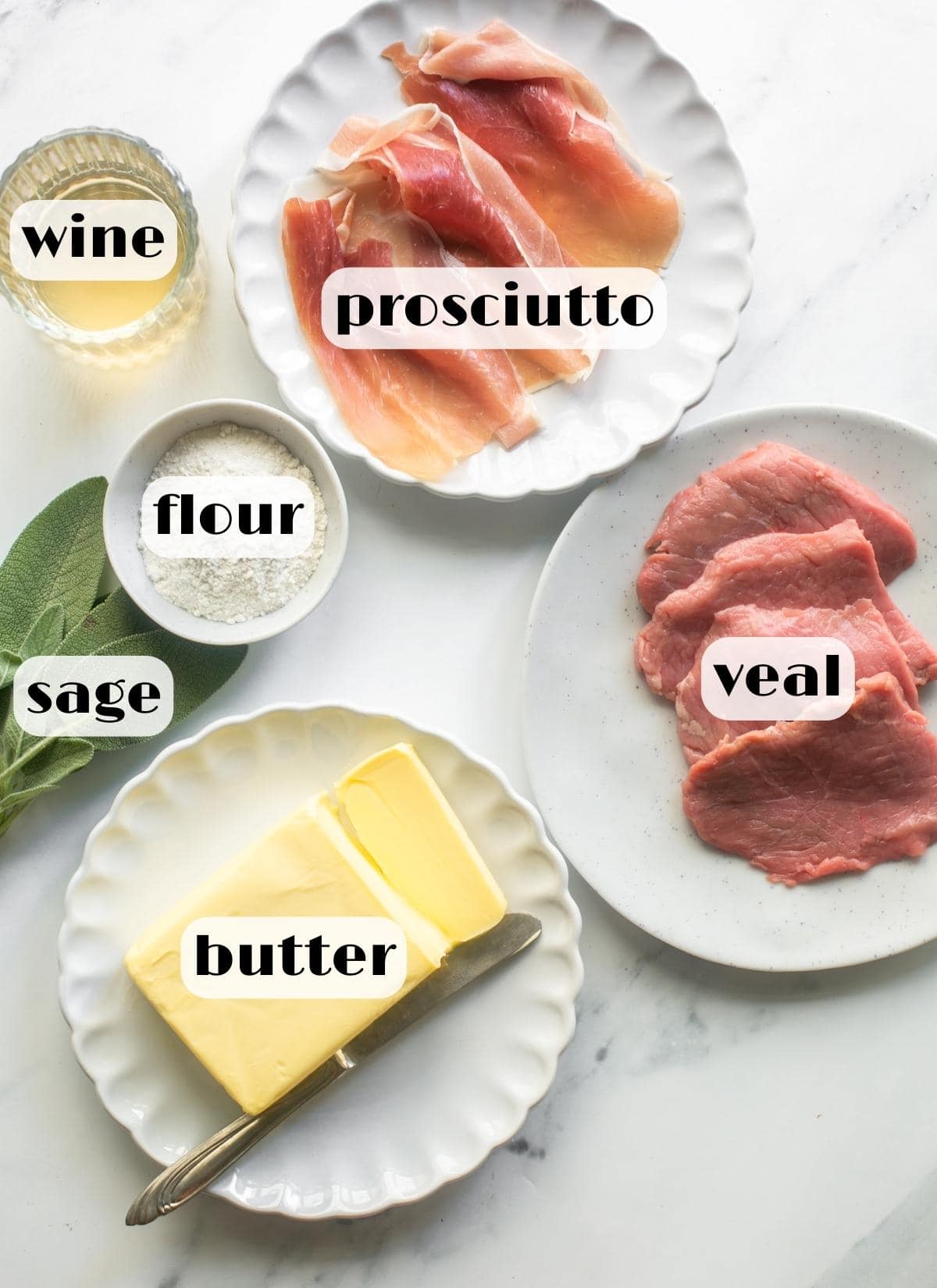 Veal saltimbocca ingredients: veal cutlets, prosciutto, sage leaves, white wine, flour and butter.