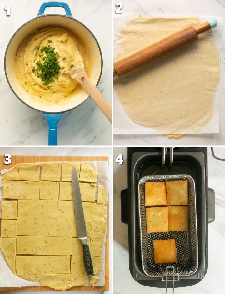 collage of four images showing the four steps of how to make panelle.