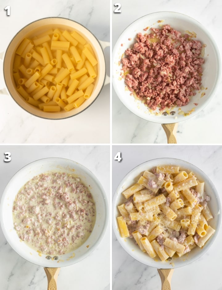 collage of 4 images showing the 4 steps on how to make norcina pasta.