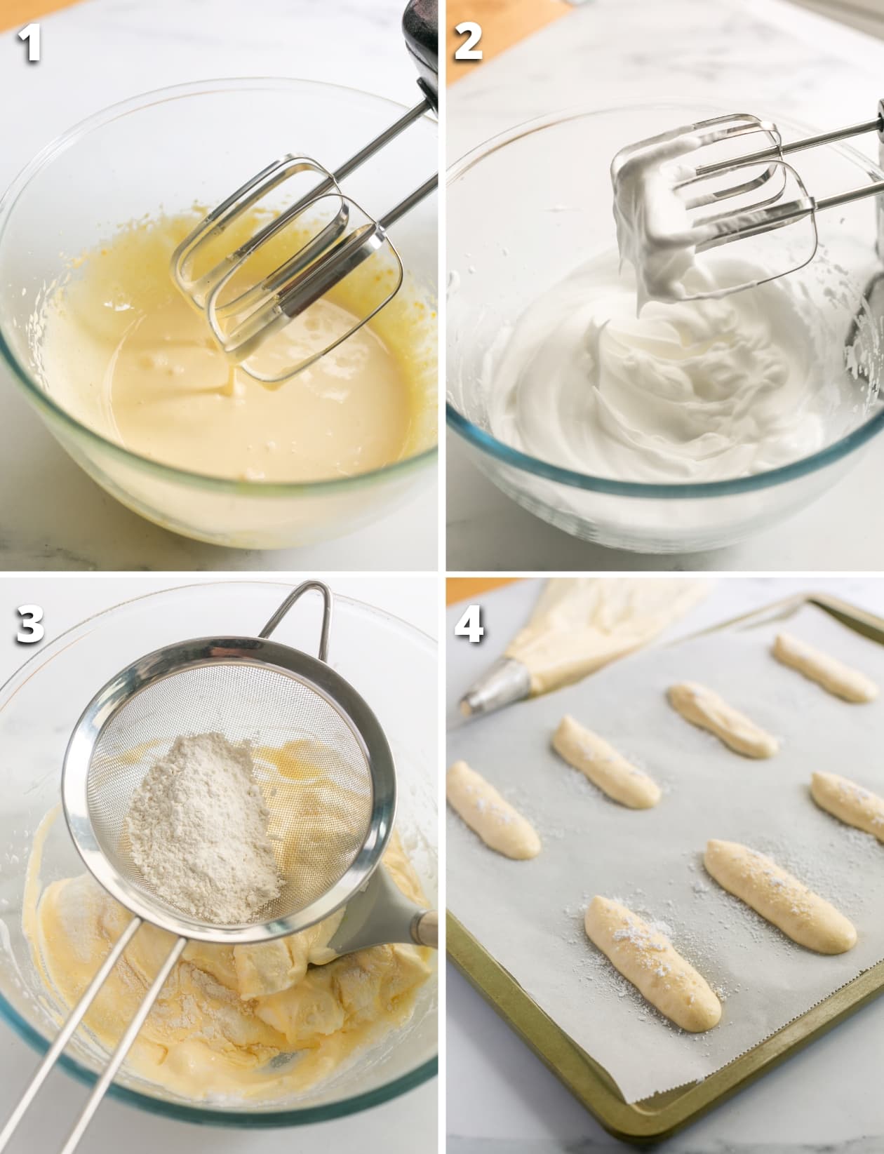 collage of four images with the four steps on how to make savoiardi.