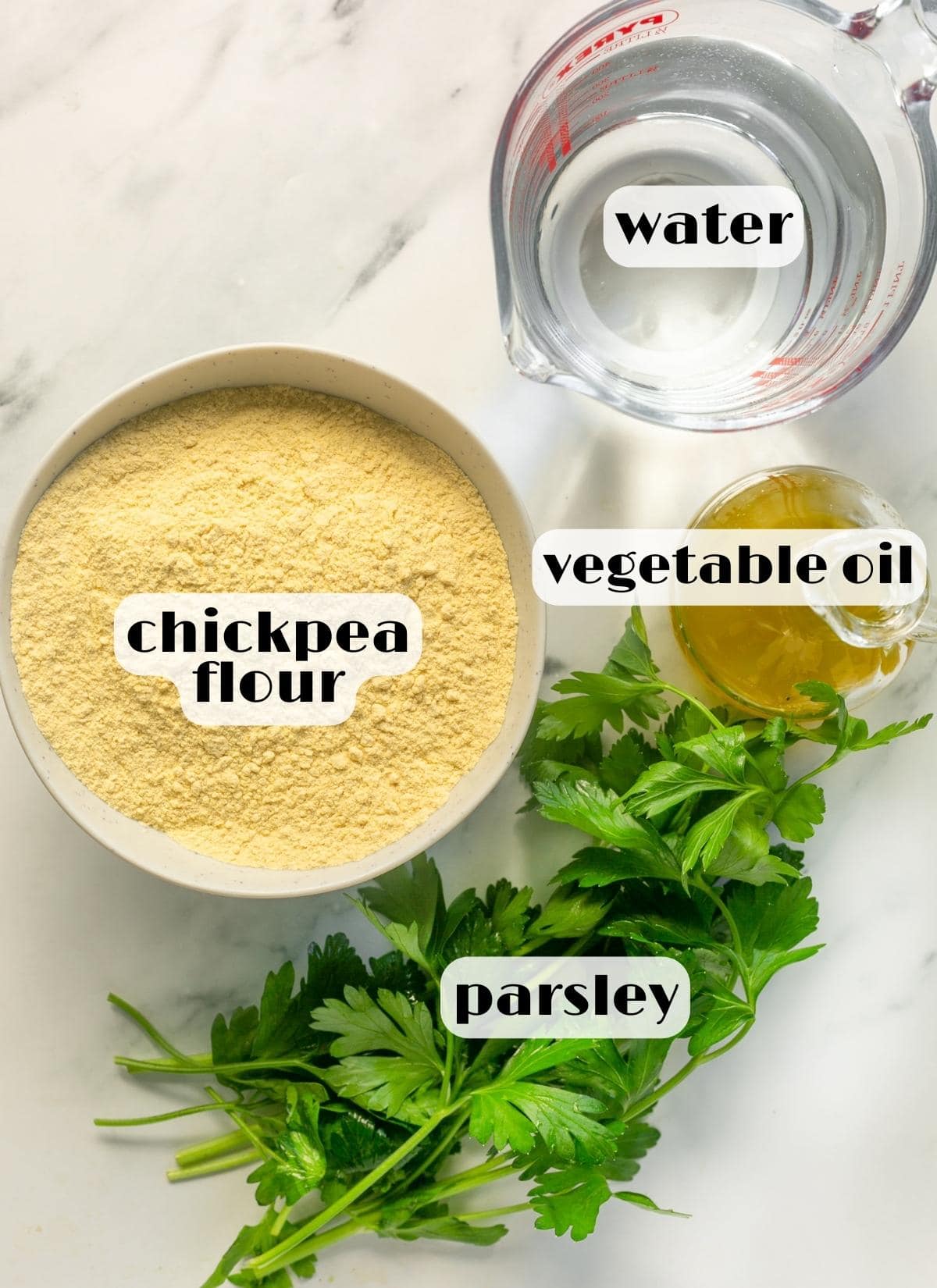 panelle ingredients: chickpea flour, water, parsley, vegetable oil for frying.