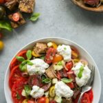 panzanella salad with burrata cheese. Image with text for Pinterest.