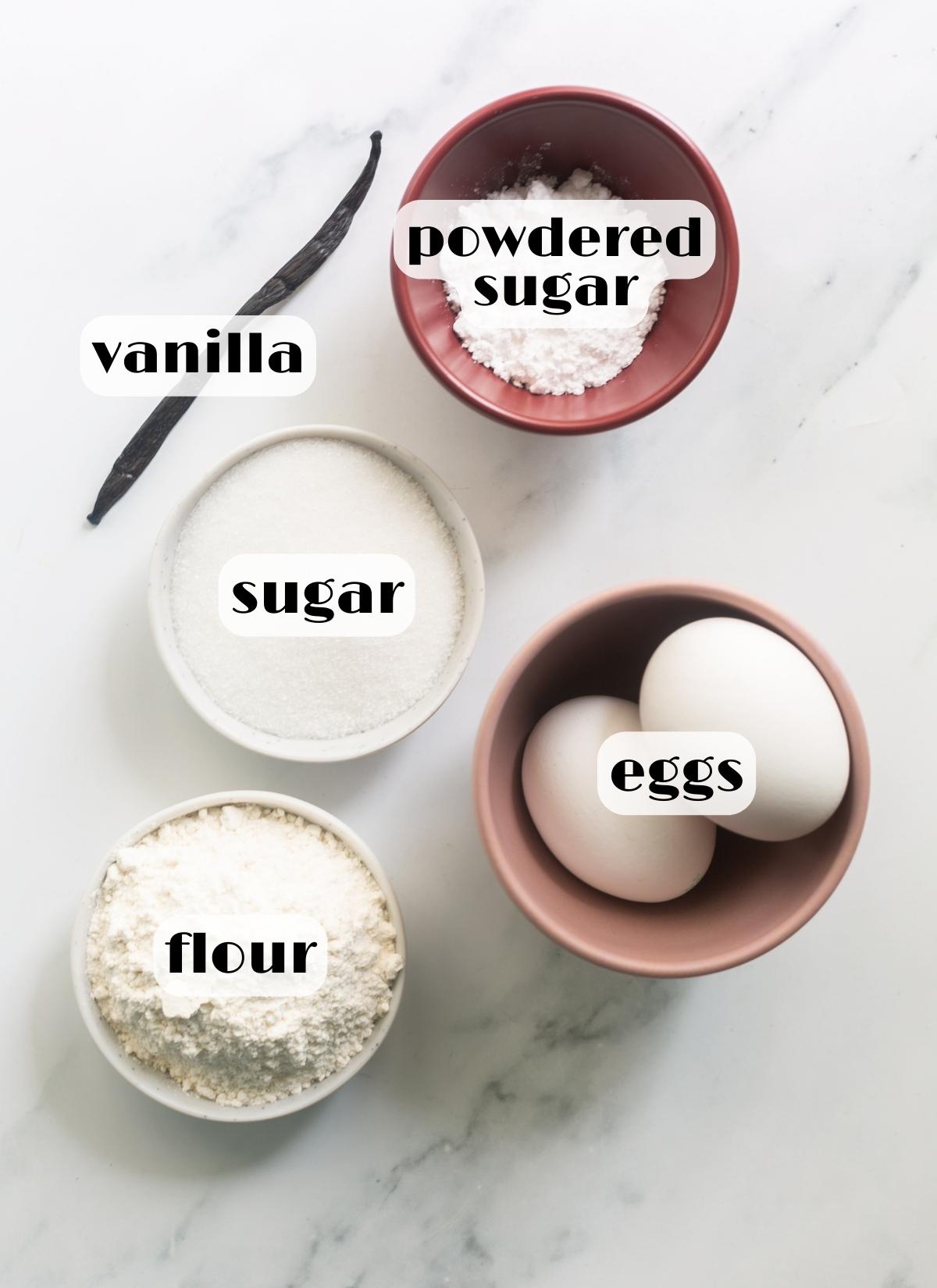 savoiardi ingredients: eggs, flour, sugar, vanilla, powdered sugar.