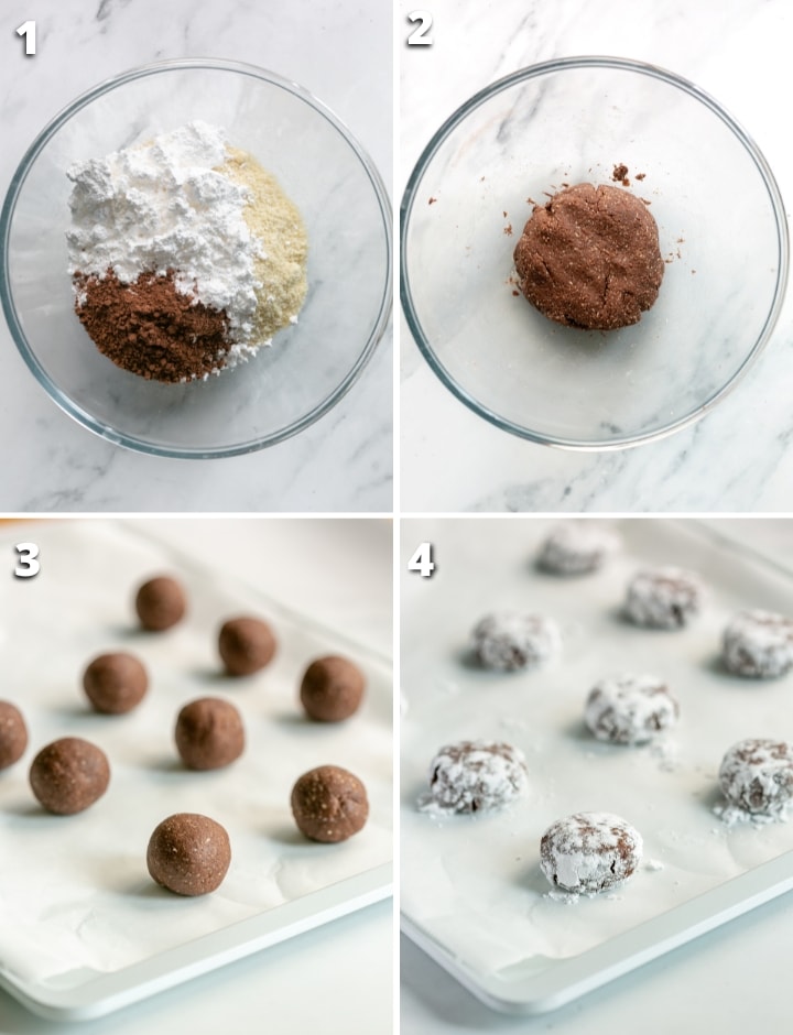 Collage of four images showing the four steps on how to make chocolate almond cookies.