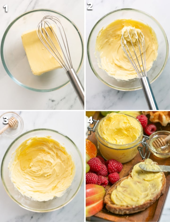 collage of four images showing the four steps to make honey butter.