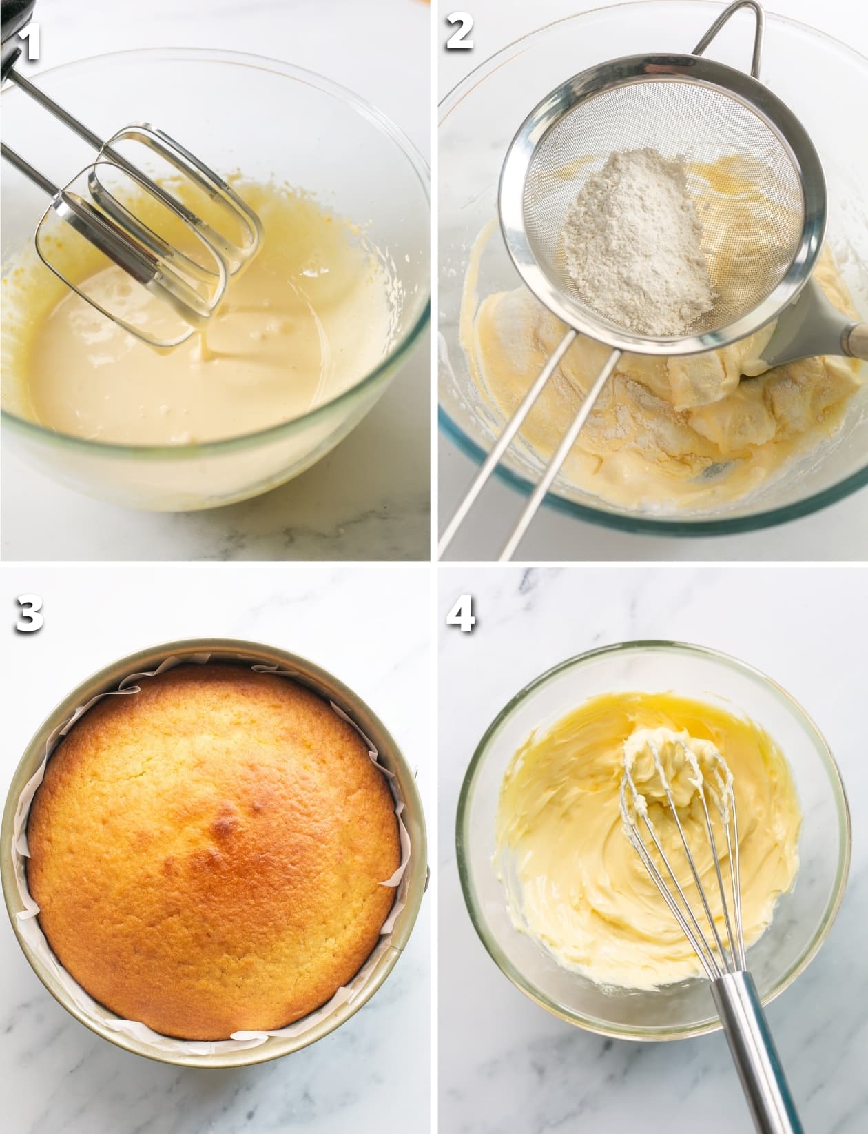 collage of four images showing the four steps on how to make orange olive oil cake.