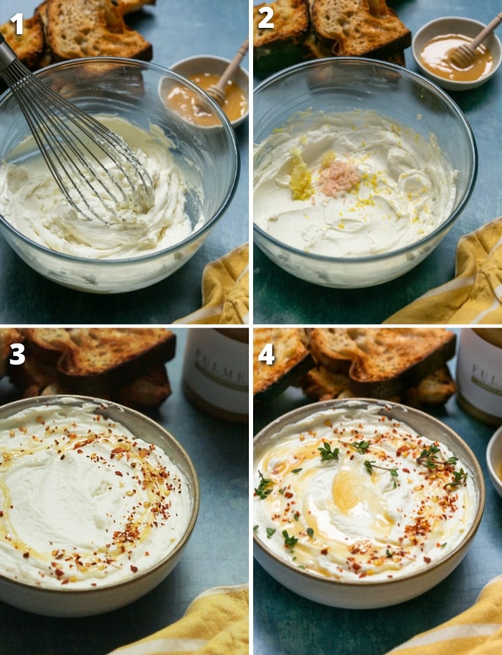 collage of four image showing the four steps on how to make whipped ricotta.