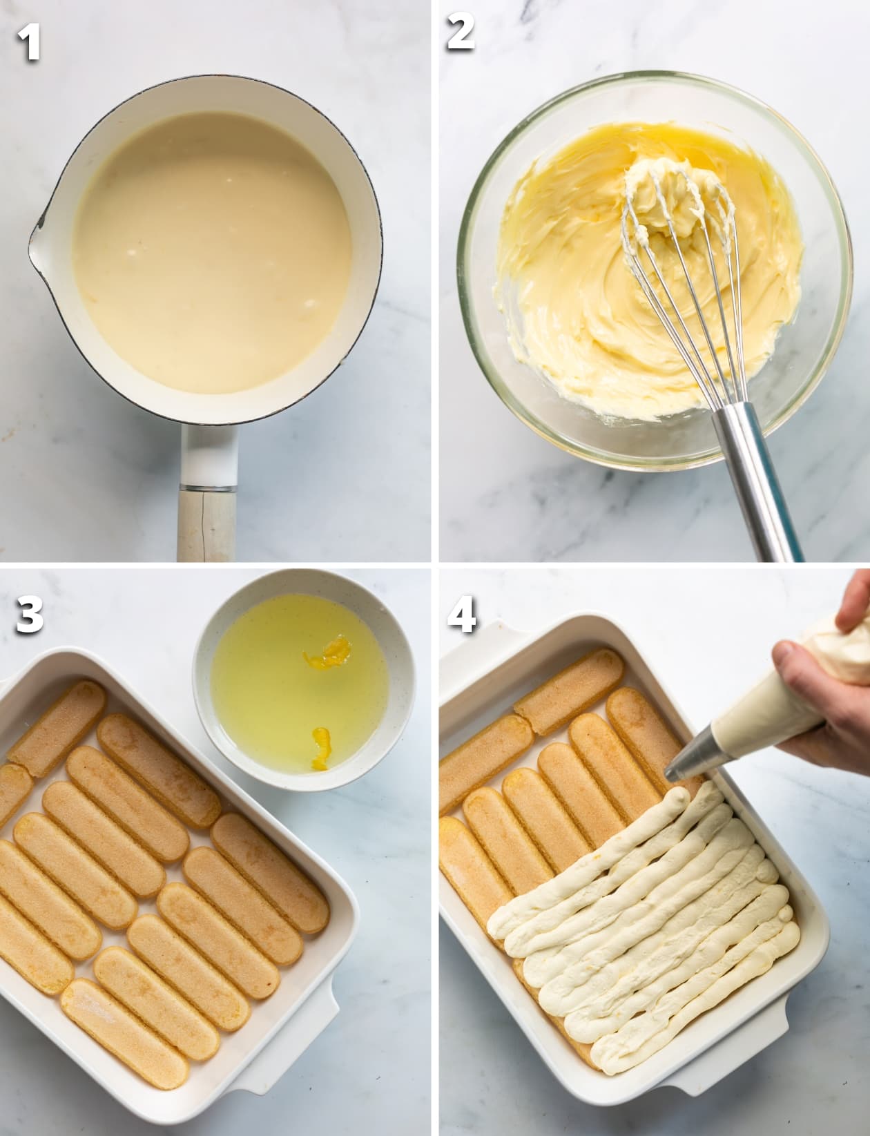 collage of four images showing the four steps on how to make limoncello tiramisu.