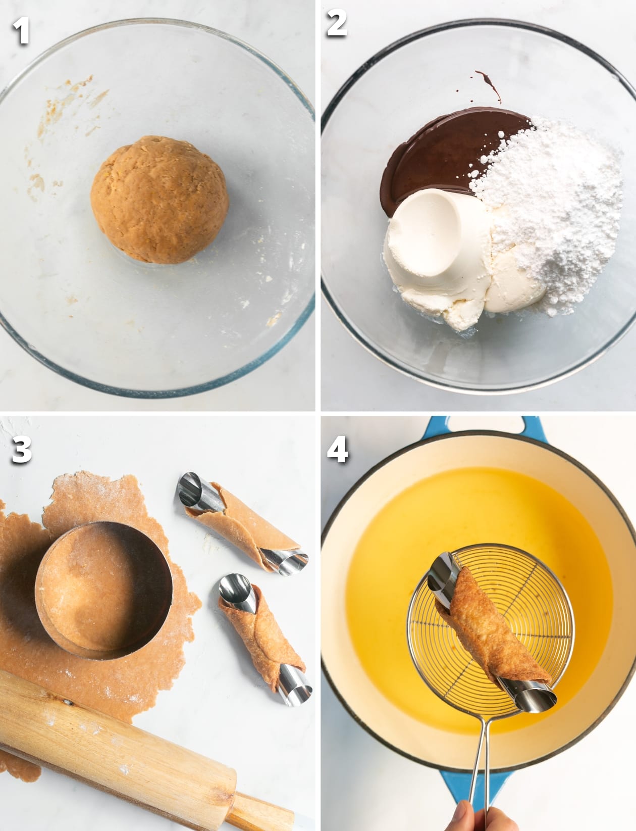 Collage of four images showing the four steps on how to make cannoli.