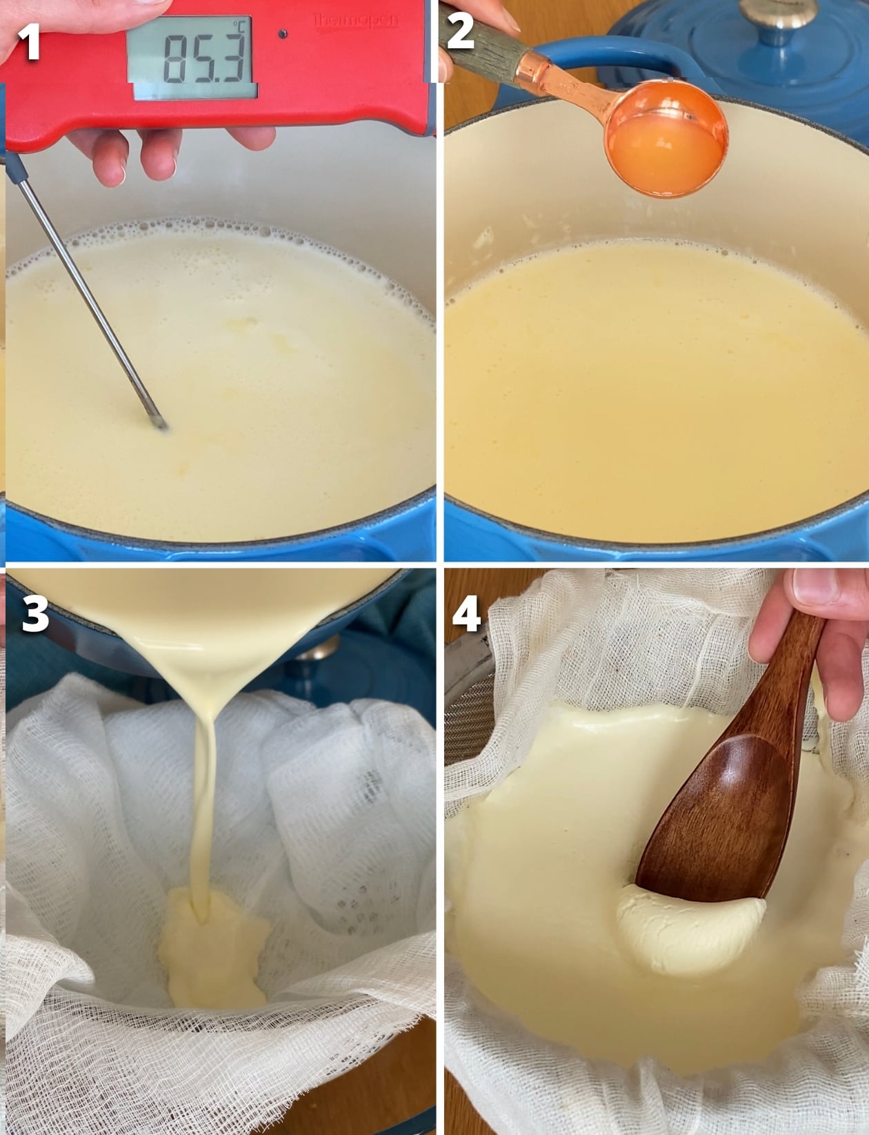 collage of four images showing the steps on how to make homemade mascarpone.