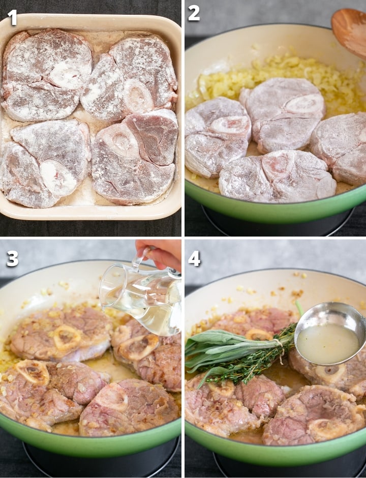 collage of four images showing the four steps on how to make ossobuco milanese.